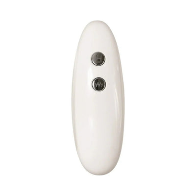White oval remote control with two silver buttons for Adam & Eve Adams True Feel rechargeable dildo.