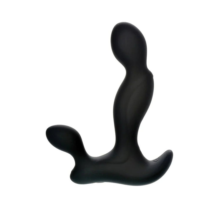 Black silicone vibrating triple probe prostate massager with curved design and bulbous tips for targeted stimulation.