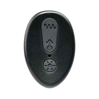 Black oval remote control with three textured buttons for adjusting settings on the Adam & Eve prostate thruster.