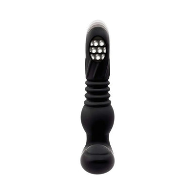 Black silicone prostate massager with rotating silver beads and ribbed shaft for enhanced stimulation.