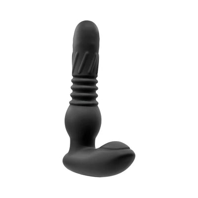 Black silicone prostate massager with textured shaft and ergonomic base for targeted stimulation.