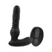 Black silicone prostate massager with textured shaft and remote control for warming, rotating, and vibrating functions.