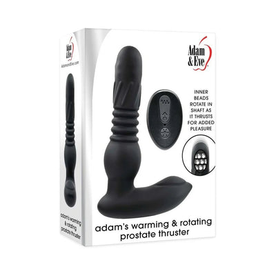 Packaging of Adam & Eve Adams Warming & Rotating Prostate Thruster with remote control and product features shown.