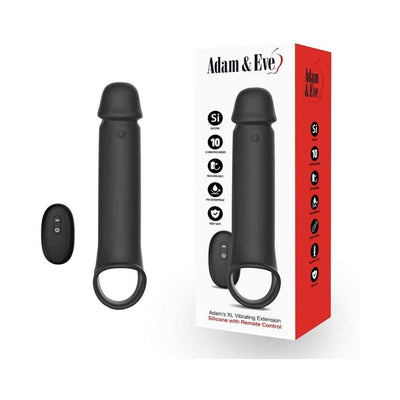 Black silicone vibrating extension with remote control and packaging box showing product features.