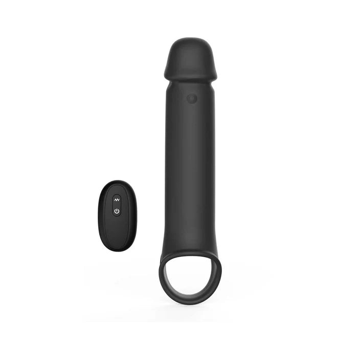 Black silicone vibrating extension sleeve with remote control and base ring for secure fit.