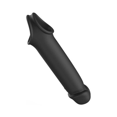 Black silicone vibrating penis extension sleeve with hollow design and ball strap base.