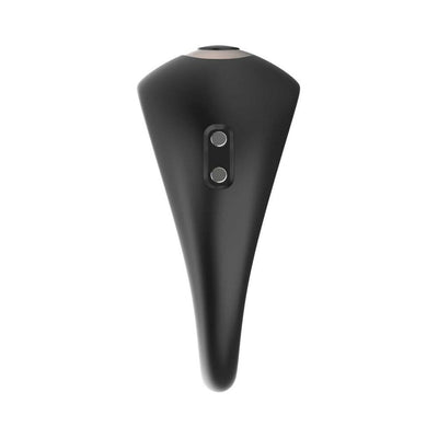 Black rechargeable remote control for Adam & Eve Alan Vibrating Enhancer with two silver buttons.