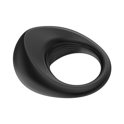 Black silicone vibrating ring with a smooth, stretchy design and textured inner surface for enhanced comfort and stimulation.