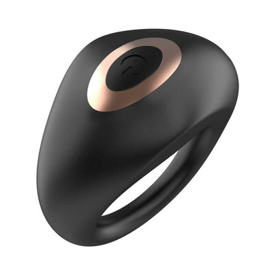 Black silicone vibrating enhancer ring with rose gold power button, designed for comfort and remote control use.