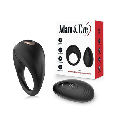 Black silicone vibrating ring with remote control and packaging for Adam & Eve Alan Rechargeable Enhancer.