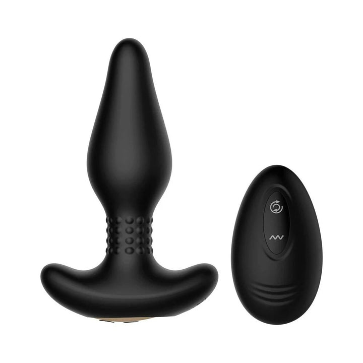 Black silicone vibrating and rimming anal plug with textured neck and matching wireless remote control.