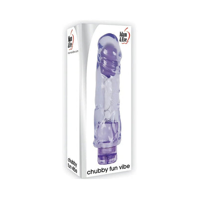 Packaging box of Adam & Eve Chubby Fun Vibe in translucent purple with a textured design and adjustable base control.