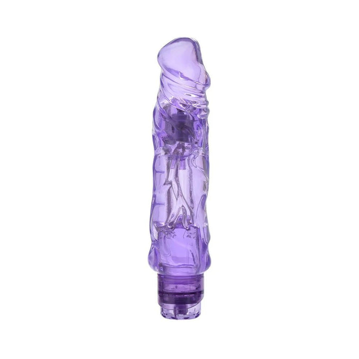 Purple translucent textured vibrator with a contoured shaft and rounded tip, designed for enhanced pleasure.