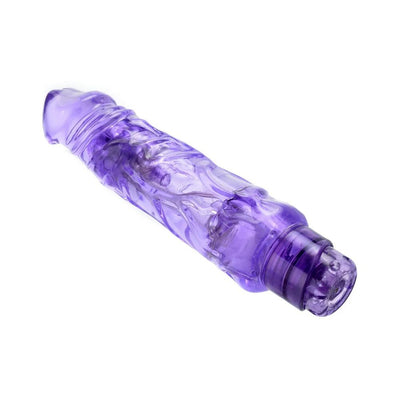 Purple translucent textured vibrator with a flexible shaft and rounded tip, featuring a control dial base.