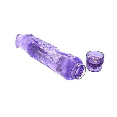 Purple translucent textured vibrator with removable cap showing battery compartment on white background
