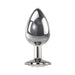 Polished silver metal anal plug with a teardrop shape and a clear jewel at the flared base.