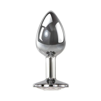 Small polished aluminum anal plug with a flared base and a sparkling pink jewel accent.