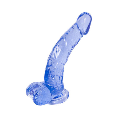Translucent blue curved jelly dildo with suction cup base and realistic texture details.