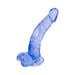 Translucent blue curved jelly dildo with suction cup base and realistic texture details.