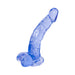 Blue translucent curved jelly dildo with suction cup base and realistic detailing.