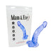 Blue translucent curved dildo with suction cup base displayed next to Adam & Eve branded packaging.