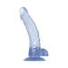 Translucent blue curved jelly dildo with suction cup base and realistic detailing.
