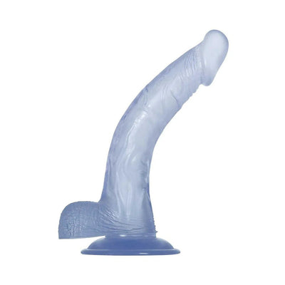 Translucent blue curved jelly dildo with suction cup base and realistic detailing.