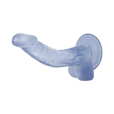 Translucent blue curved jelly dildo with suction cup base and textured detailing.