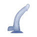Translucent blue curved jelly dildo with suction cup base and realistic detailing.