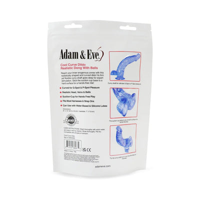 Back packaging of Adam & Eve Cool Curve Jelly Dildo showing product features, usage instructions, and images of the blue curved dildo with suction cup base.
