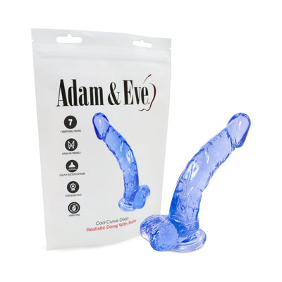 Blue translucent curved dildo with suction cup base displayed next to white Adam & Eve branded packaging.