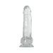Clear 8-inch realistic dildo with suction cup base, textured veins, and lifelike details for versatile use.