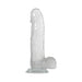 Transparent 8-inch realistic dildo with suction cup base and detailed texture for hands-free use.