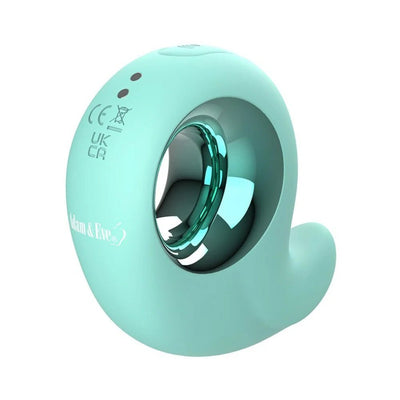 Mint green curved silicone stimulator with a shiny metallic ring and ergonomic design by Adam & Eve.