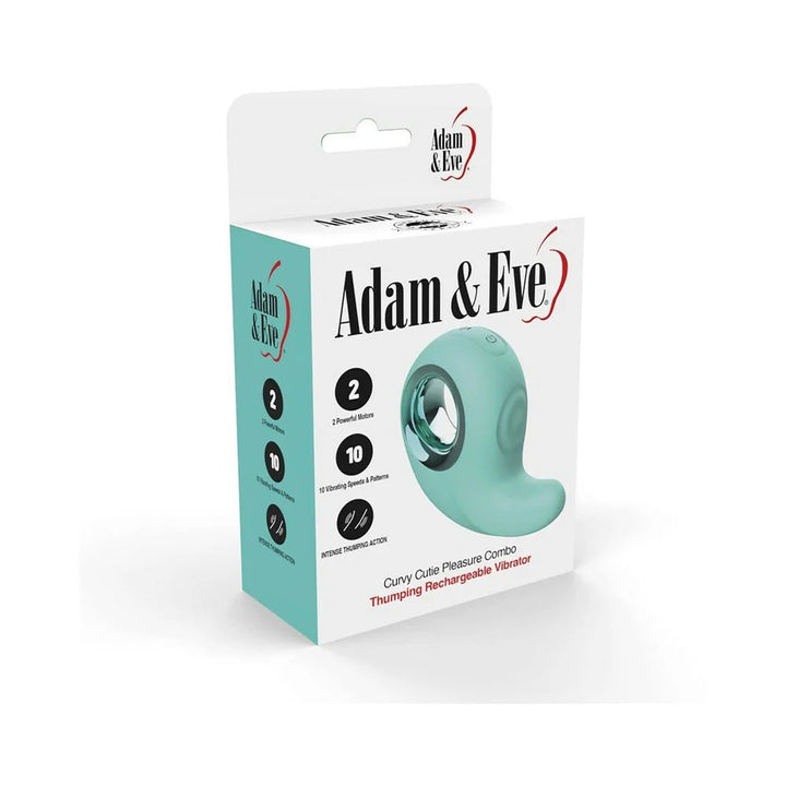 Packaging box of Adam & Eve Curvy Cutie Pleasure Combo with image of teal curved vibrator and product features listed.