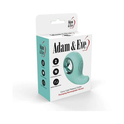 Packaging box of Adam & Eve Curvy Cutie Pleasure Combo with image of teal curved vibrator and product features listed.