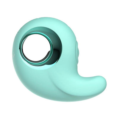 Mint green curved silicone stimulator with a circular handle and ergonomic design for targeted pleasure.