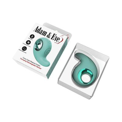 Adam & Eve Curvy Cutie Pleasure Combo in teal with ergonomic curved design and packaging box on white background.