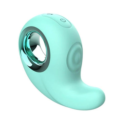Mint green curved silicone stimulator with a circular chrome handle and control buttons on top.