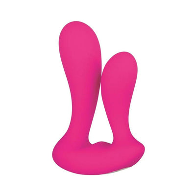 Bright pink dual shaft silicone vibrator with ergonomic base designed for simultaneous internal stimulation.