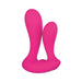 Bright pink dual shaft silicone vibrator with ergonomic base designed for simultaneous internal stimulation.