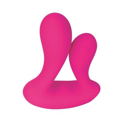 Bright pink dual shaft silicone vibrator designed for simultaneous vaginal and anal stimulation with ergonomic base.