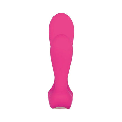 Pink dual shaft silicone vibrator with ergonomic handle designed for simultaneous internal stimulation.