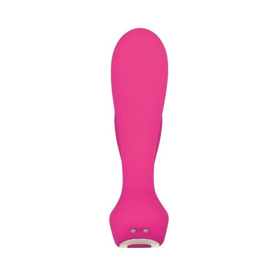 Pink silicone dual entry vibrator with ergonomic handle and magnetic charging points, designed for versatile stimulation.