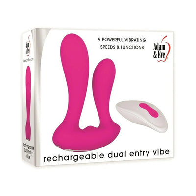 Packaging of Adam & Eve Dual Entry Vibe with Remote showing pink dual shafts and white remote control.
