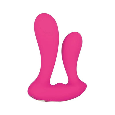 Pink dual shaft silicone vibrator with ergonomic base designed for simultaneous vaginal and anal stimulation.