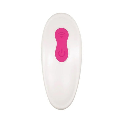 White oval remote control with pink power and wireless buttons for Adam & Eve Dual Entry Vibe.