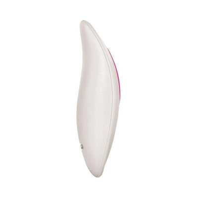 Side view of the Adam & Eve Dual Entry Vibe with Remote showing its sleek, curved ergonomic design in white and pink.