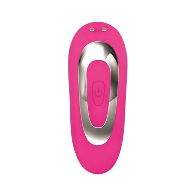 Pink and silver remote control for the Adam & Eve Dual Entry Vibe with power button and magnetic charging points.