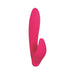 Bright pink dual-motor vibrator with curved textured shaft and tulip-shaped clitoral stimulator.
